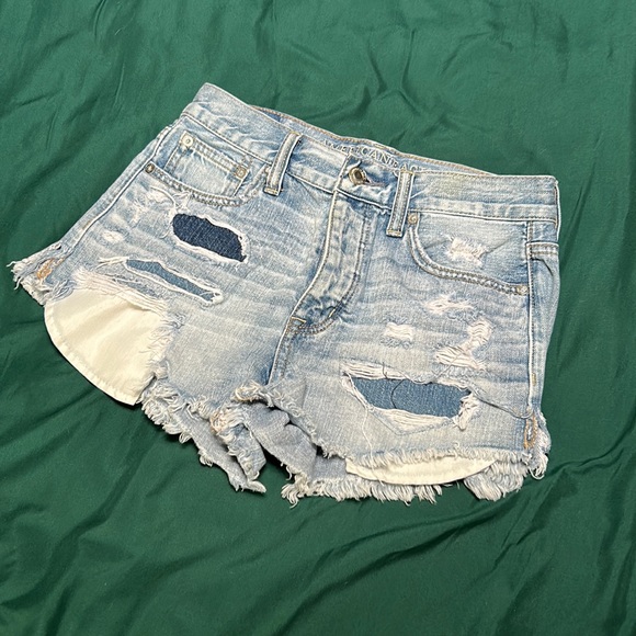 American Eagle Blue Jean Ripped High Waisted Shorts - Picture 2 of 6